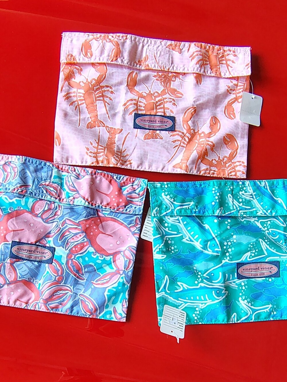 Vineyard Vines Set of 3 Fabric Pouches: Lobsters, Crabs & Sharks.